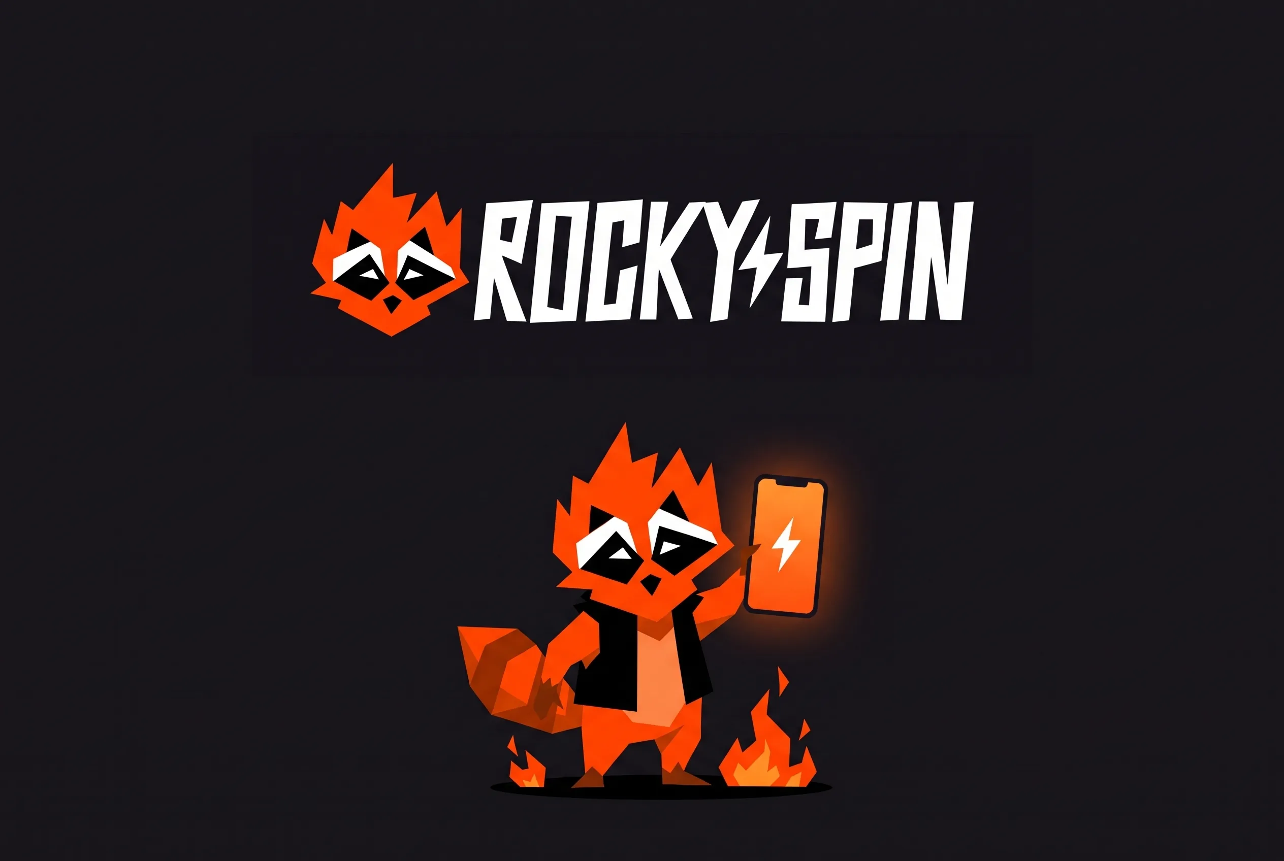 El mapache de RockySpin muestra un teléfono con un rayo naranja en la pantalla.