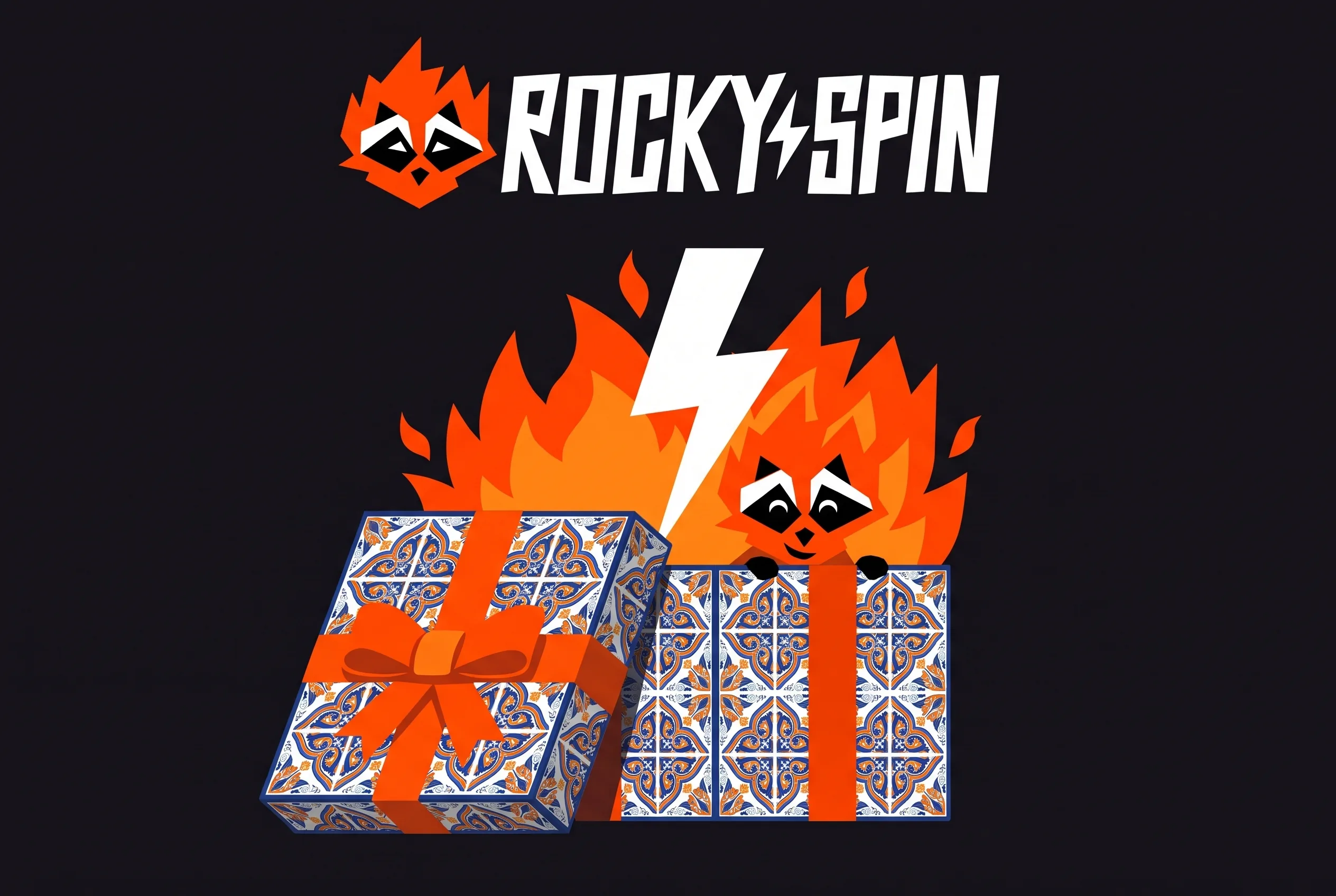 El mapache de RockySpin con regalos decorados con azulejos y un rayo blanco.